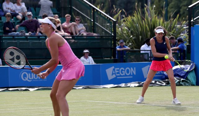 Johanna Konta and Yanina Wickmayer in doubles action. (Simon Cooper/PA)