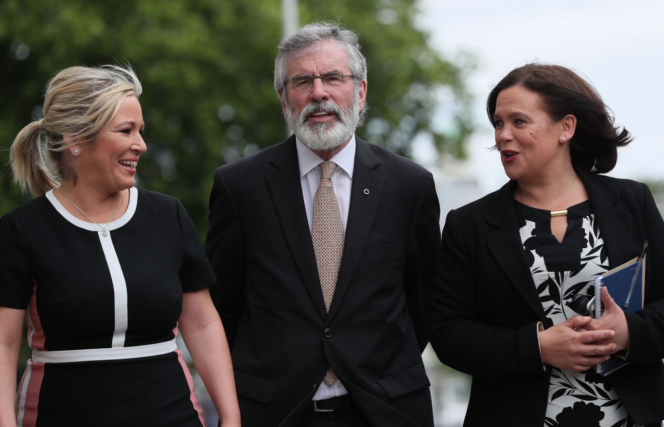 Sinn Fein's Gerry Adams along with leader in the North Michelle O'Neill (left) and deputy leader Mary Lou McDonald (Brian Lawless/PA)