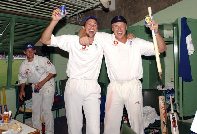 England's Chris Read (left) Stephen Harmison and Andrew Flintoff (R) celebrate winning the 3rd Test and leading the Series 3-0 against the West Indies at the Kensington Oval, Bridgetown, Barbados.