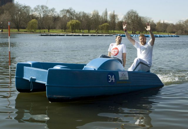 Freddie Flintoff (right) and Steve Harmison after setting the fastest 100m time on a Pedalo at the Sepentine in Hyde Park, London, as part of The BT Sport Relief Challenge: Flintoff's Record Breakers.
