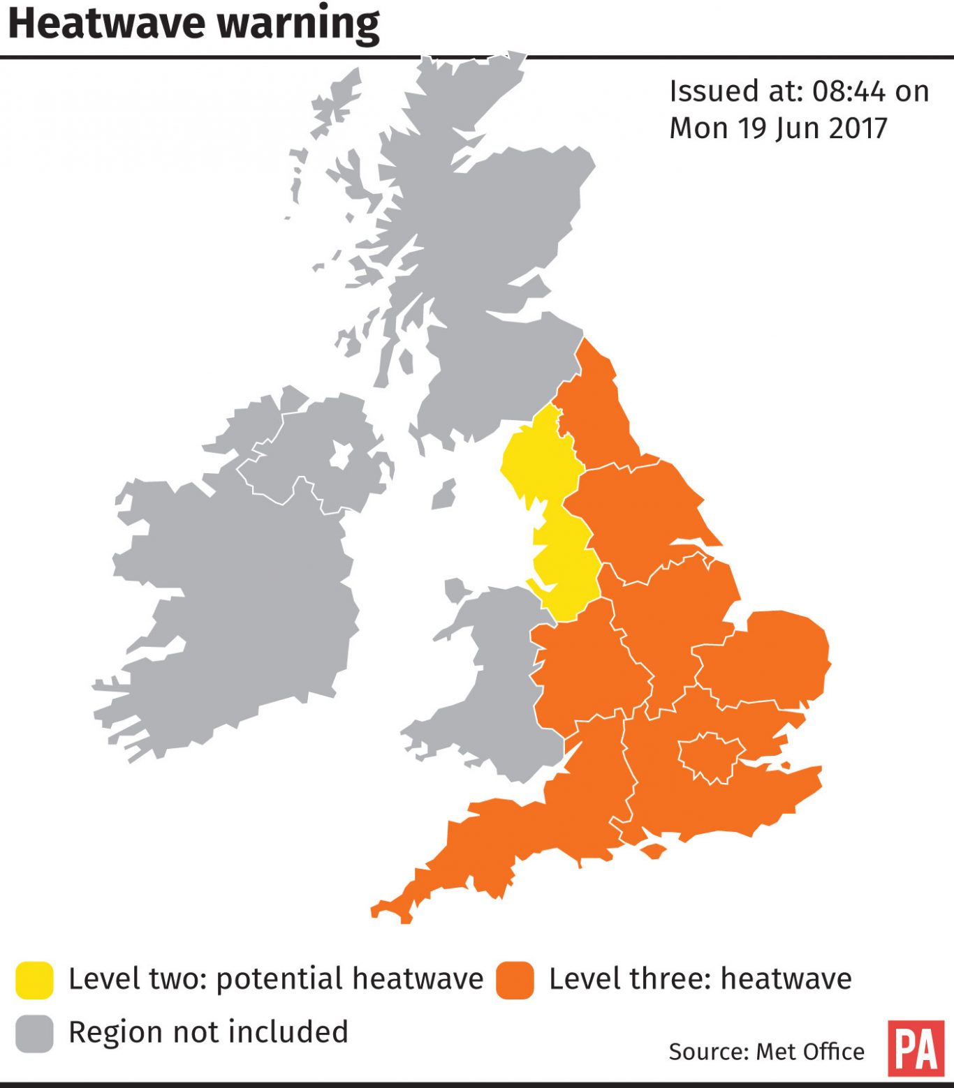 Graphic maps the level three heatwave warning issued by the Met Office.