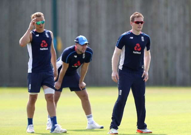 Tom Curran, Dawid Malan and Eoin Morgan during an England nets session 
