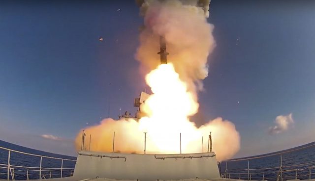 Long-range Kalibr cruise missiles are launched by a Russian navy ship in the eastern Mediterranean
