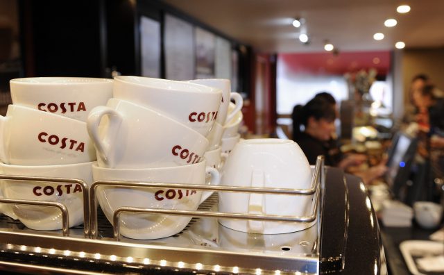 Mugs in a Costa coffee shop