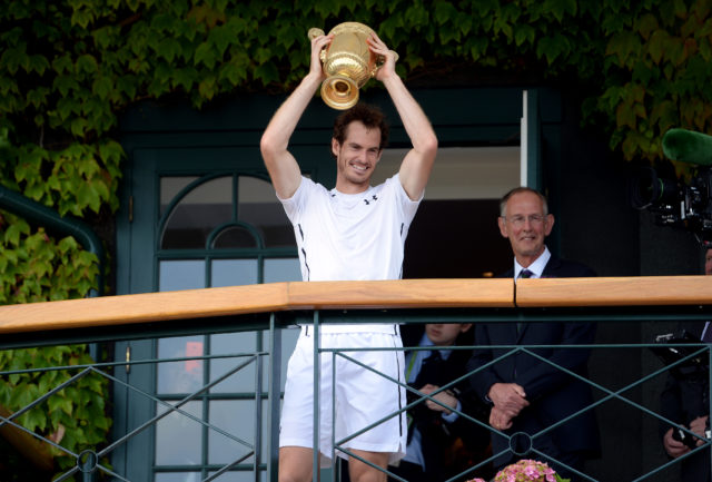 Andy Murray lifts the Wimbledon men's singles trophy