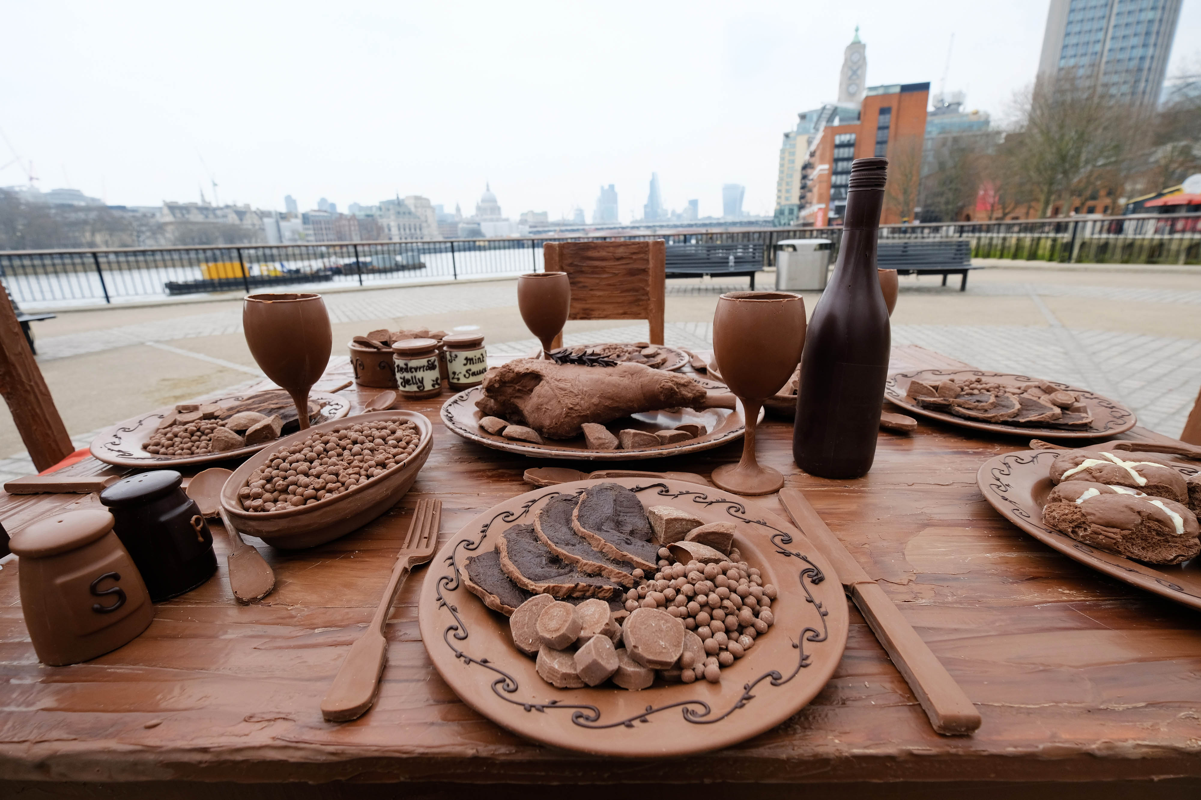 Life-sized chocolate dinner table and dinner