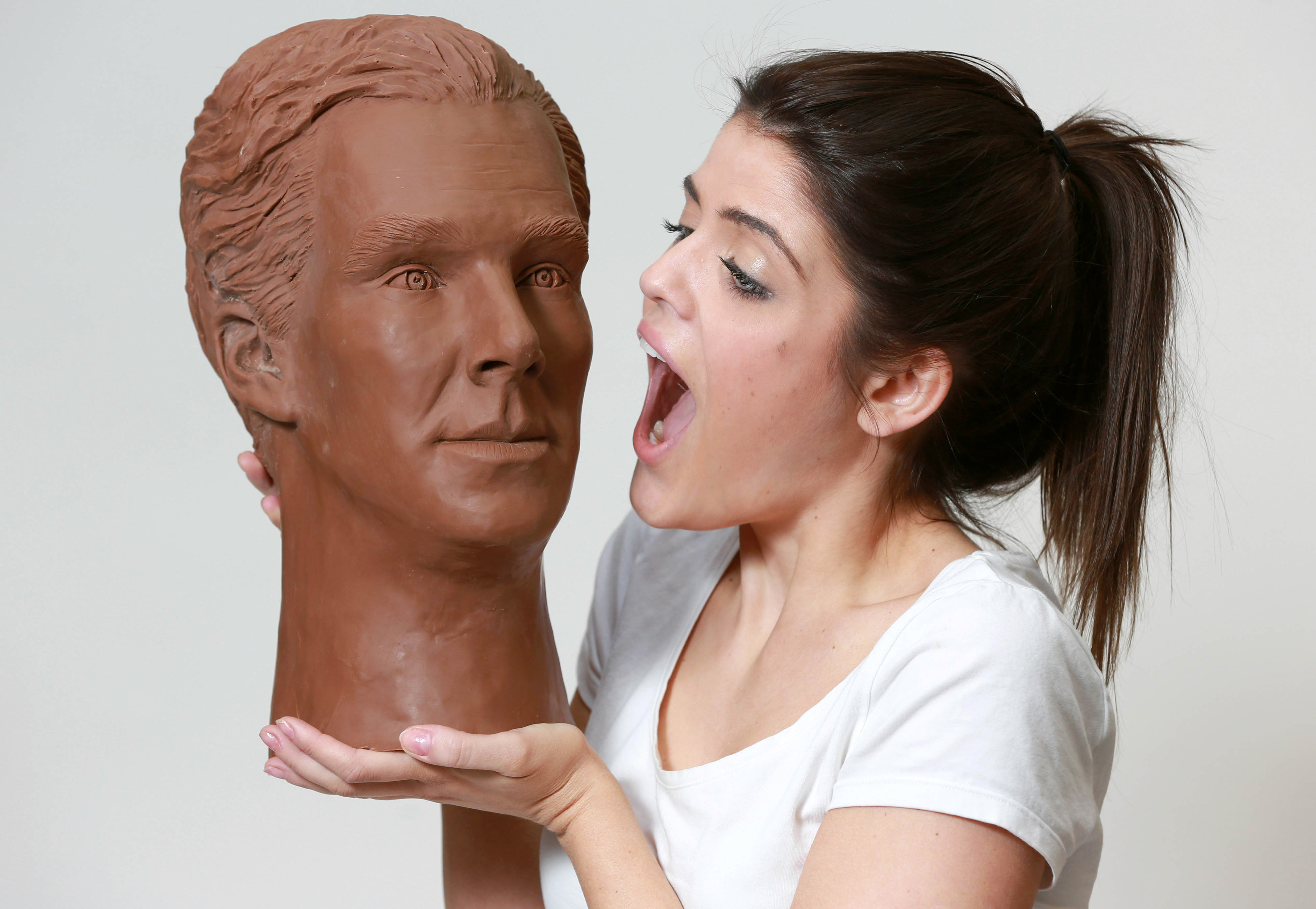 Clodagh Pickavance holds Benedict Cumberbatch sculpture