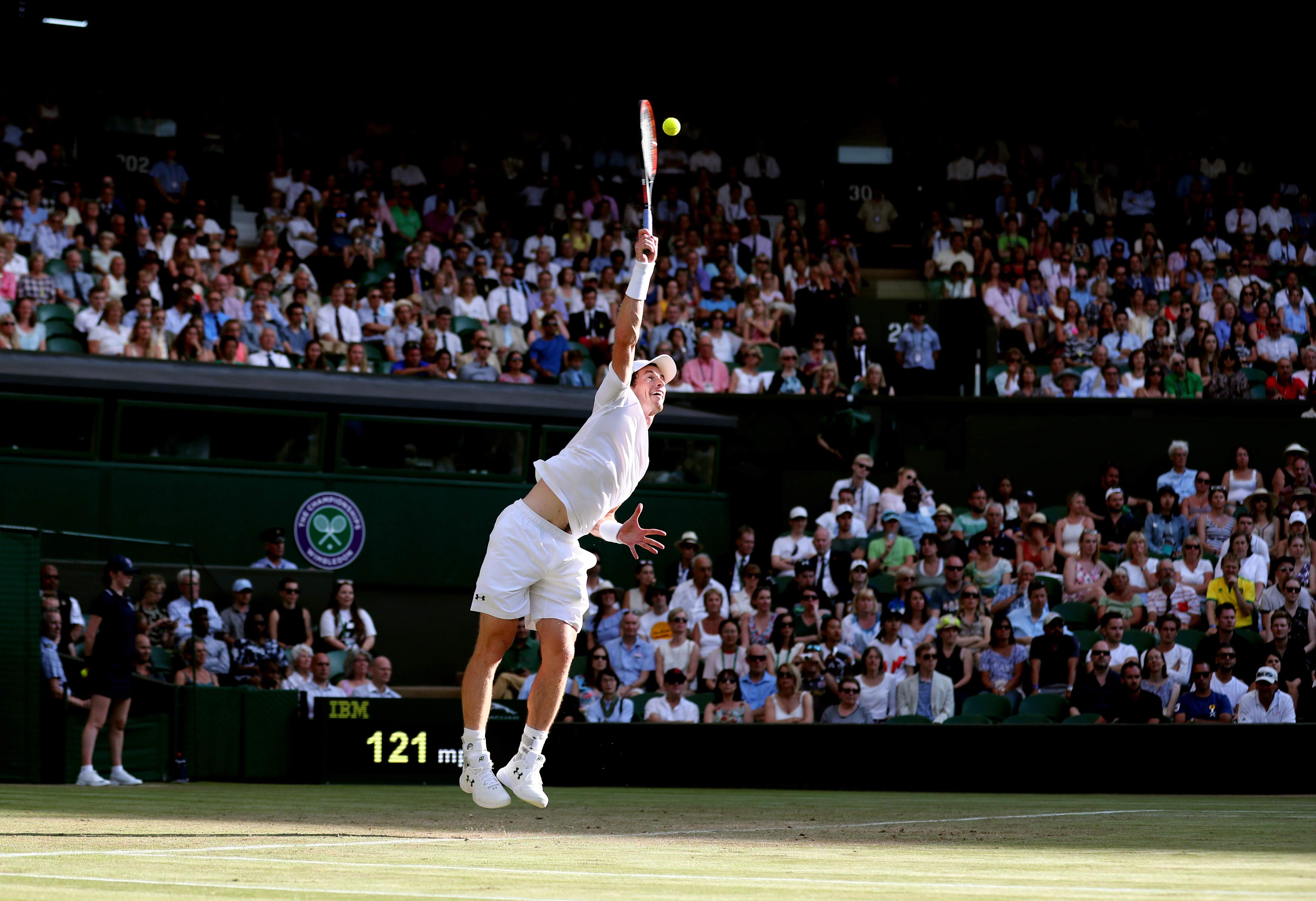 Andy Murray in action against Fabio Fognini on day five of the Wimbledon Championships at The All England Lawn Tennis and Croquet Club, Wimbledon.