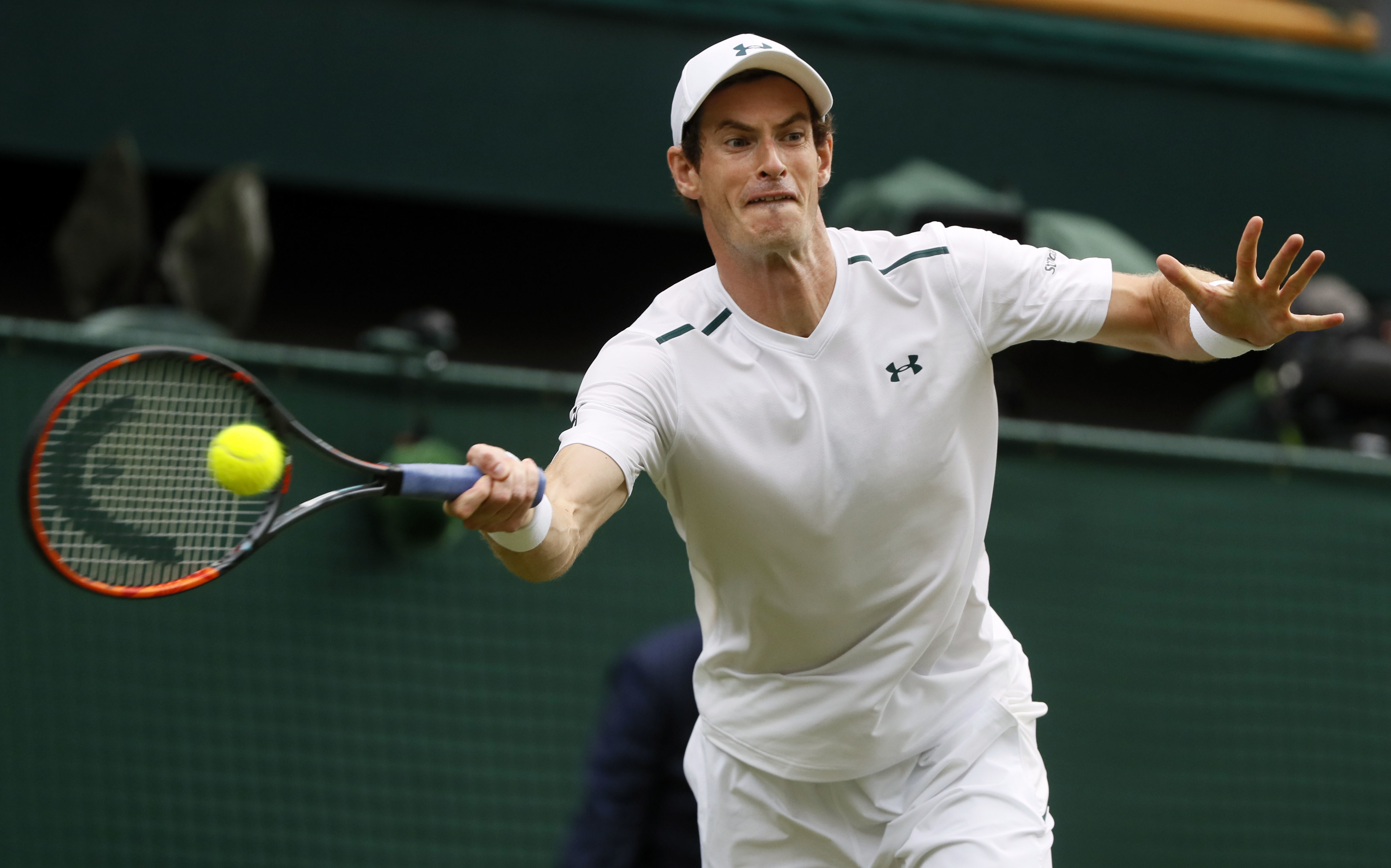 Britain's Andy Murray returns to Kazakhstan's Alexander Bublik during their Men's Singles Match on the opening day at the Wimbledon Tennis Championships in London Monday, July 3, 2017. (AP Photo/Kirsty Wigglesworth)