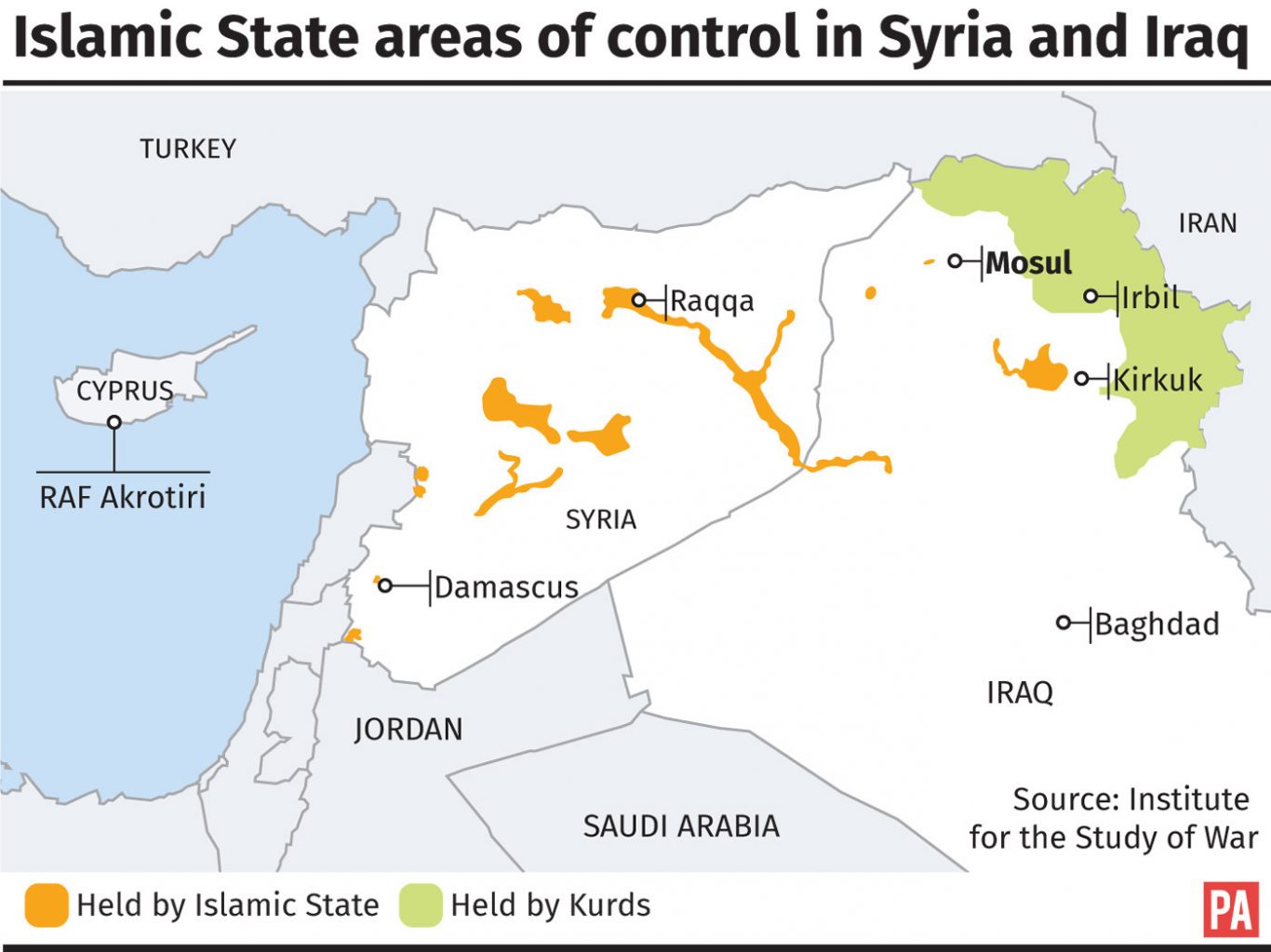 Islamic State areas of control in Syria and Iraq. 