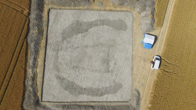 An aerial view of the site being excavated near Stonehenge