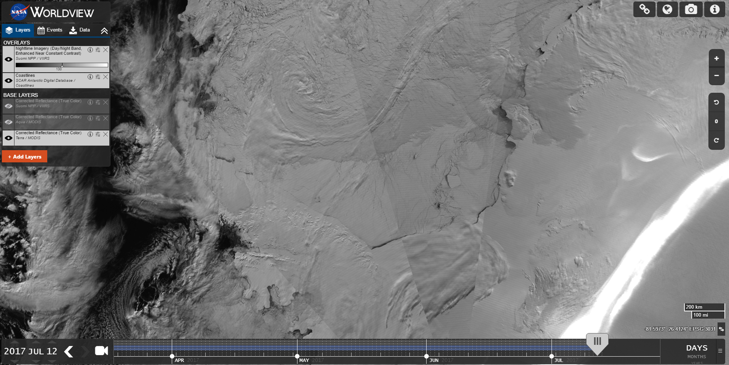 Image taken from Nasa’s Suomi VIIRS instrument which confirmed the calving.