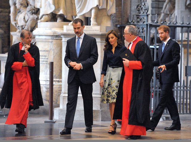 Dr John Hall, the Dean of Westminster, gave King Felipe, Queen Letizia and Prince Harry a guided tour (Nick Ansell/PA)