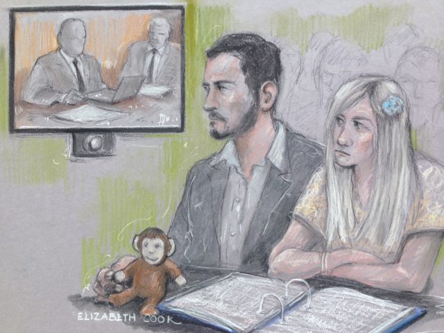 Court artist sketch by Elizabeth Cook of Charlie Gard's parents