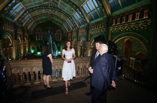 The Duchess of Cambridge and Sir David Attenborough are shown a blue whale skeleton by museum director Sir Michael Dixon