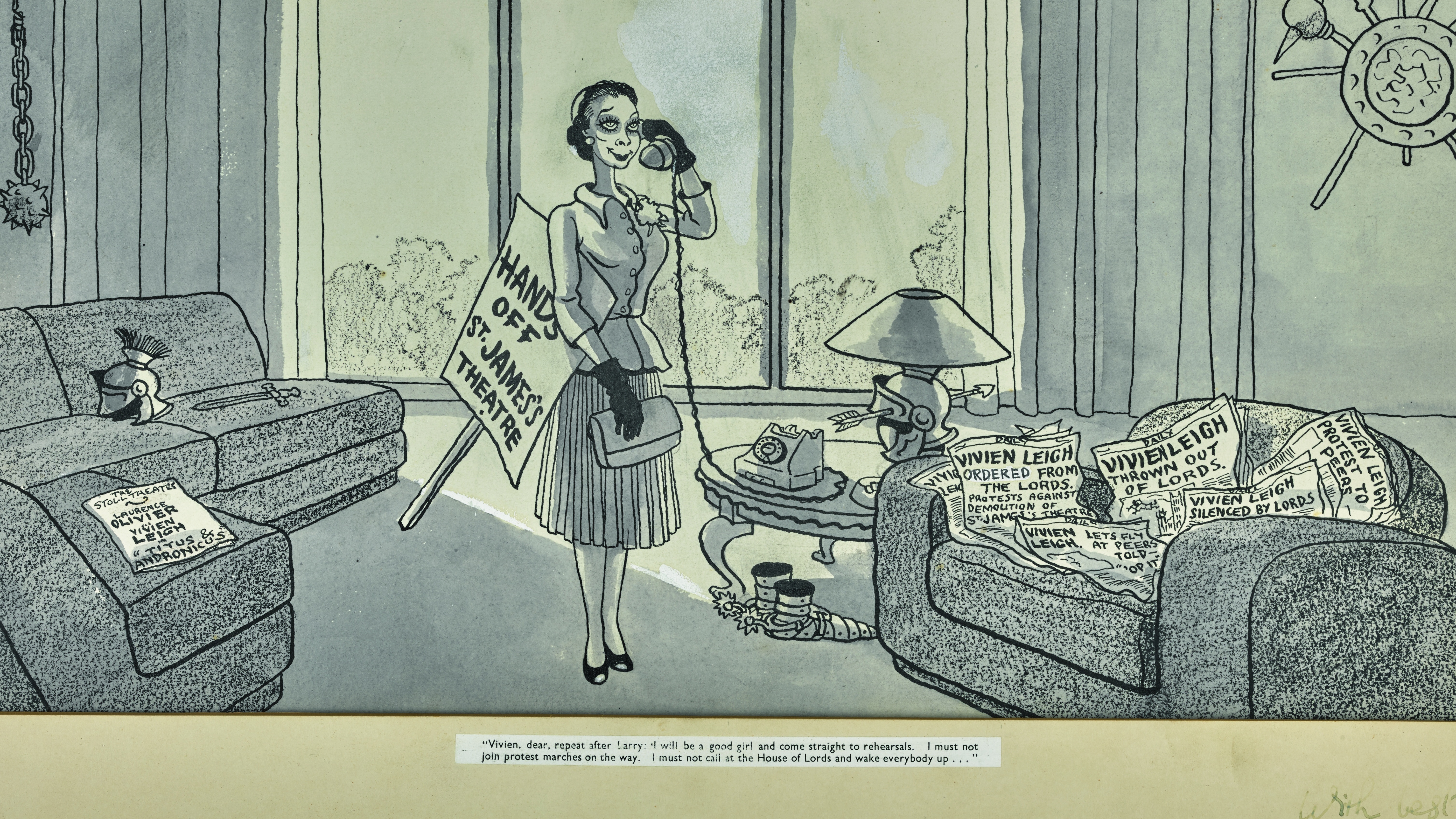 A cartoon parodying Vivien Leigh's protests is up for auction (Sotheby's)