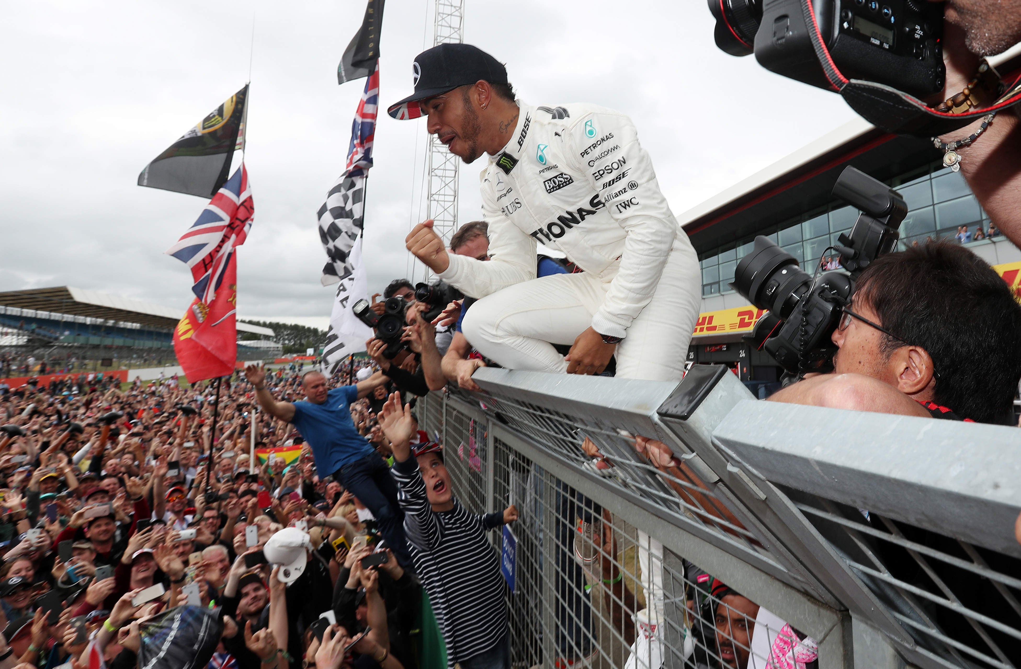 Mercedes Lewis Hamilton celebrates his victory during the 2017 British Grand Prix at Silverstone Circuit, Towcester.