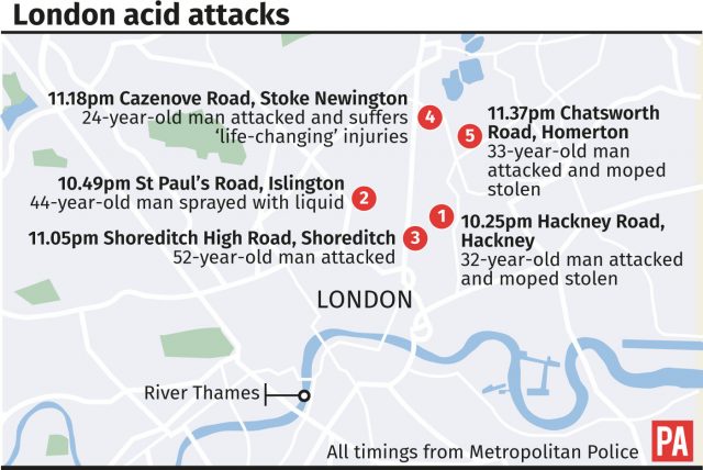 Where the five acid attacks took place on Thursday night