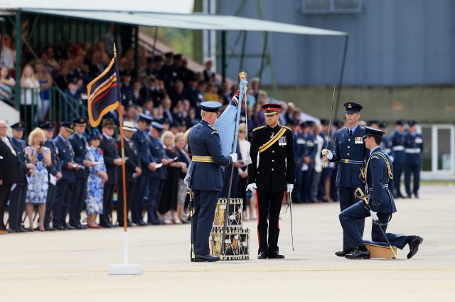 Prince Harry at RAF Honington in Suffolk where he presented a new Colour to the ground fighting force of the RAF ( Stephen Pond/PA)
