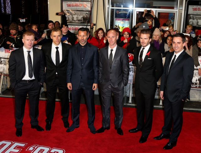 (left to right) Paul Scholes, Phil Neville, Ryan Giggs, Nicky Butt, David Beckham and Gary Neville arriving for the world premiere of The Class of 92 (Chris Radburn/PA)