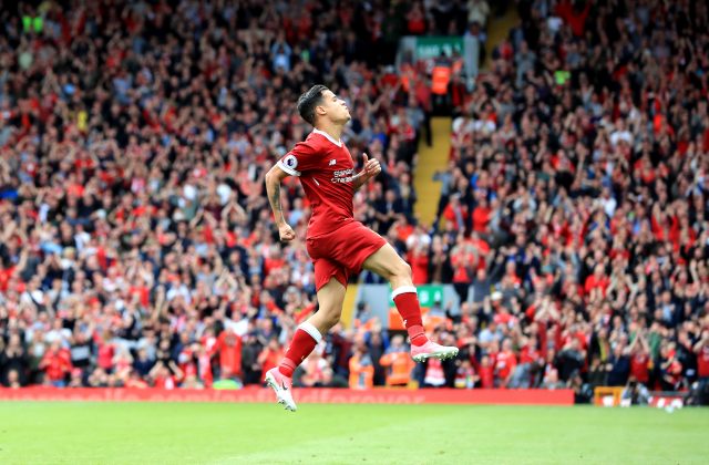 Philippe Coutinho celebrates scoring a goal for Liverpool