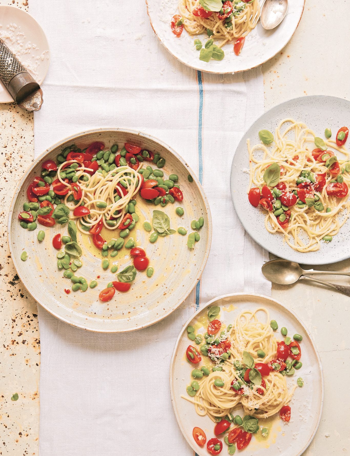 Gennaro Contaldo’s spaghetti with broad beans, cherry tomatoes and goat