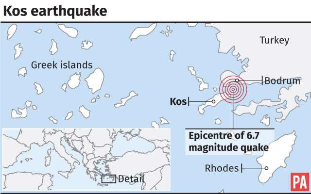 A graphic displays a 6.7 magnitude earthquake off the coast of the Greek islands and Turkey