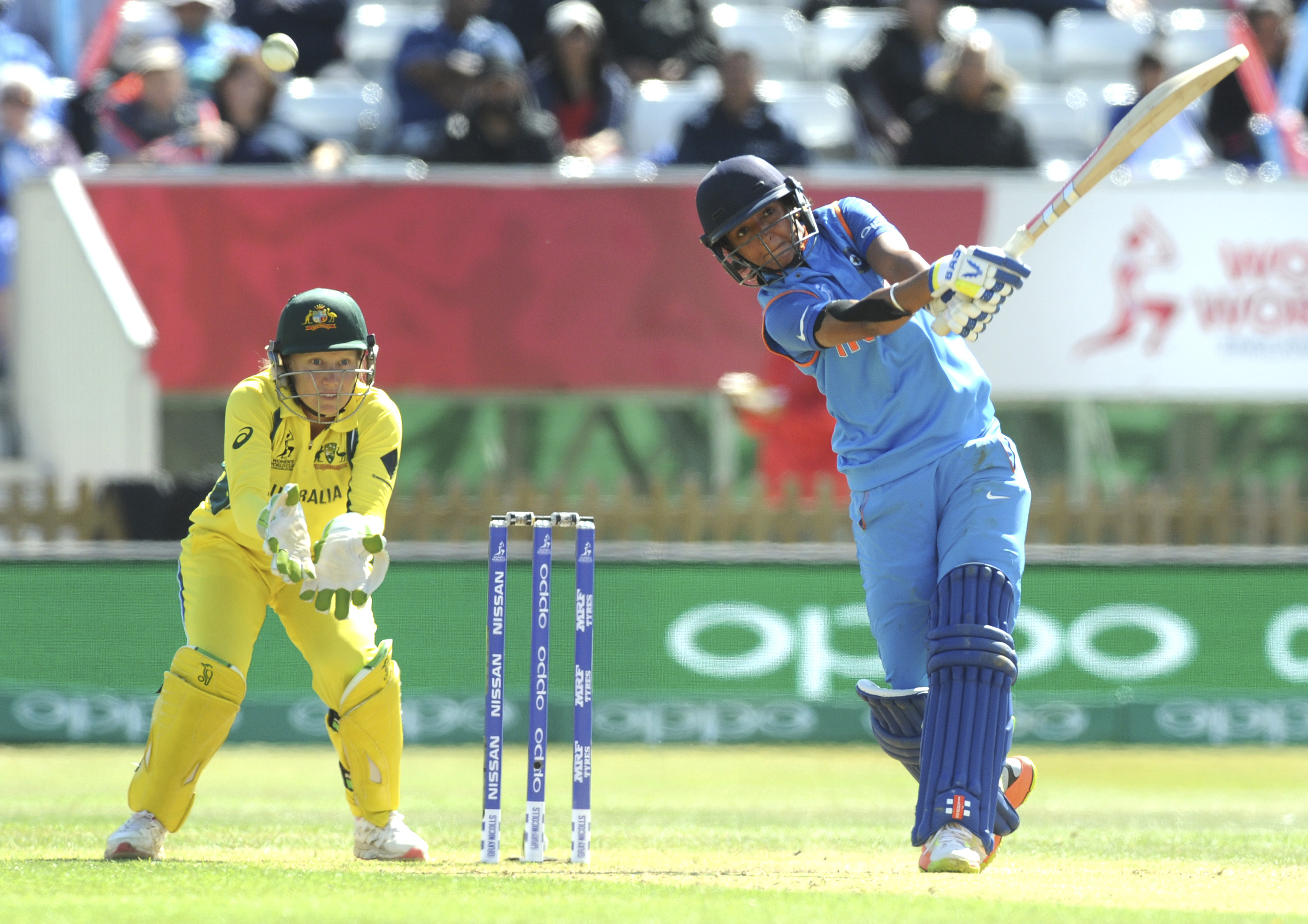 India's Harmanpreet Kaur plays against Australia