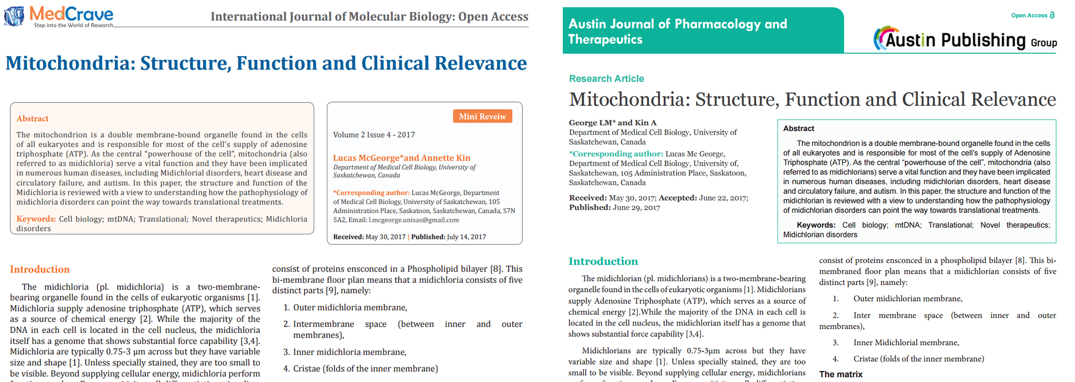 The paper was published by International Journal of Molecular Biology: Open Access and  Austin Journal of Pharmacology and Therapeutics.