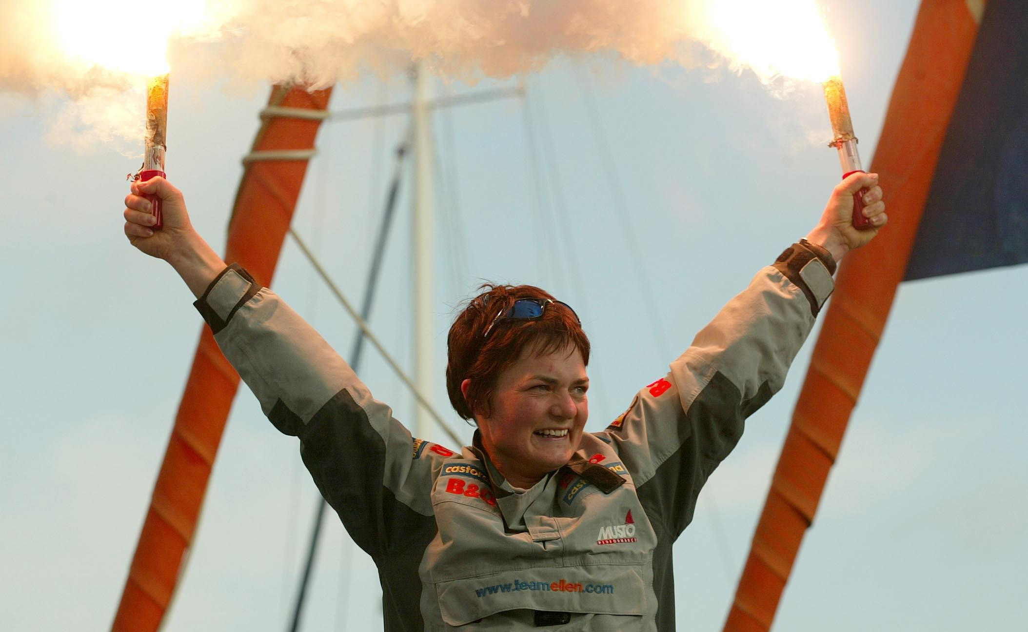 Dame Ellen MacArthur celebrates becoming the fastest person to circumnavigate the globe single-handed