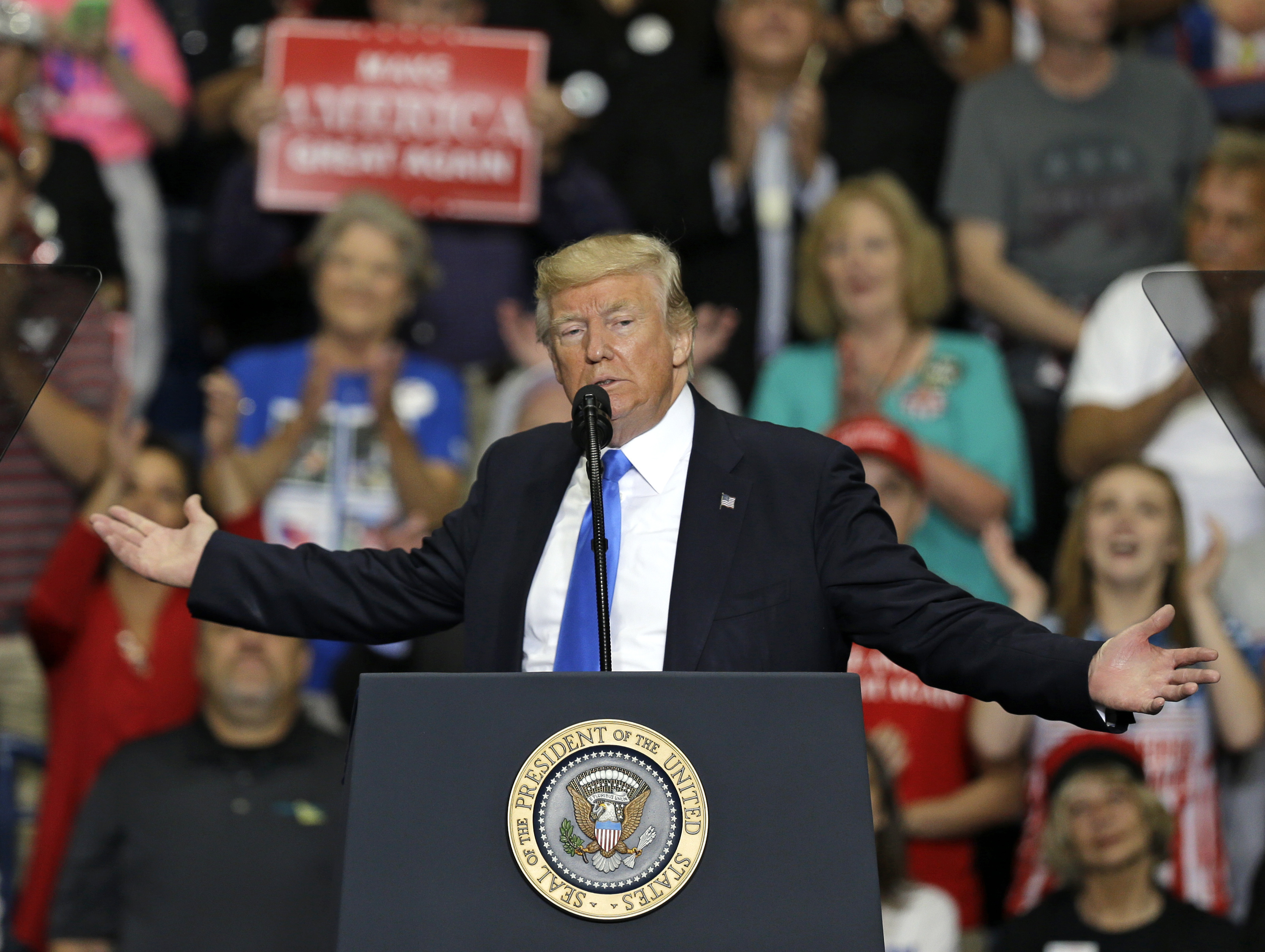 President Donald Trump speaks at the Covelli Centre, Tuesday, July 25, 2017, in Youngstown, Ohio. (AP Photo/Tony Dejak)