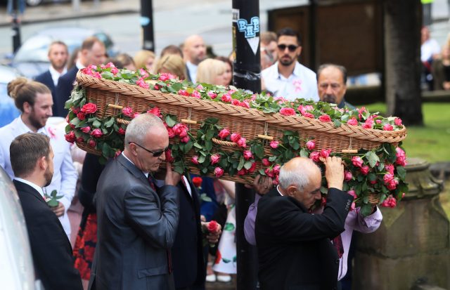 The coffin of Saffie Roussos, who died in the Manchester Arena bombing, arrives at Manchester Cathedral for her funeral service 