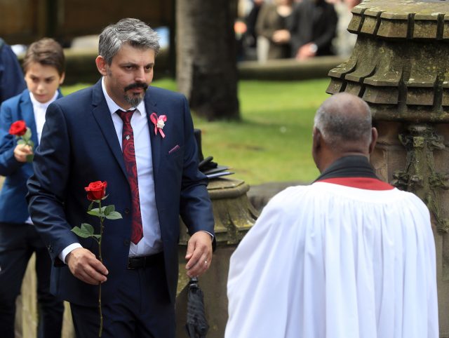 Andrew Roussos arriving for the funeral service of his daughter Saffie Roussos, who died in the Manchester Arena bombing, at Manchester Cathedral