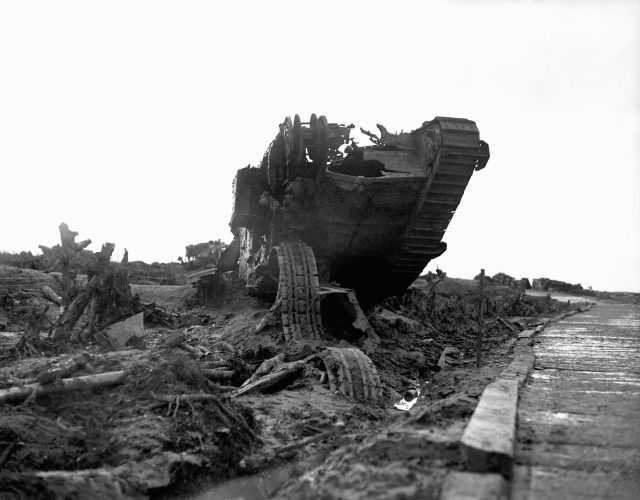 Wreckage of a British tank beside the infamous Menin Road near Ypres