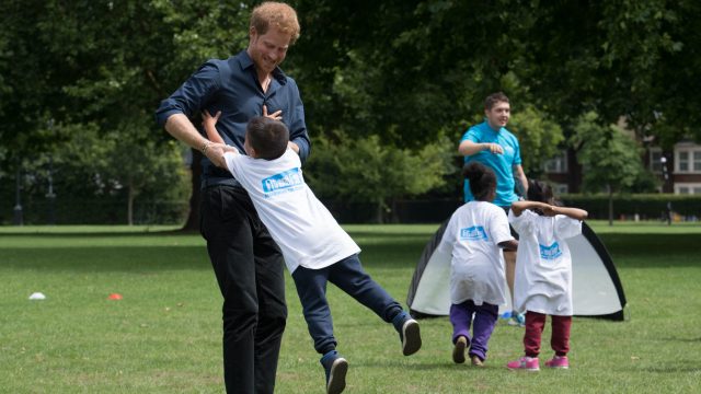 Prince Harry playing in Central Park in East Ham (Stefan Rousseau/PA)
