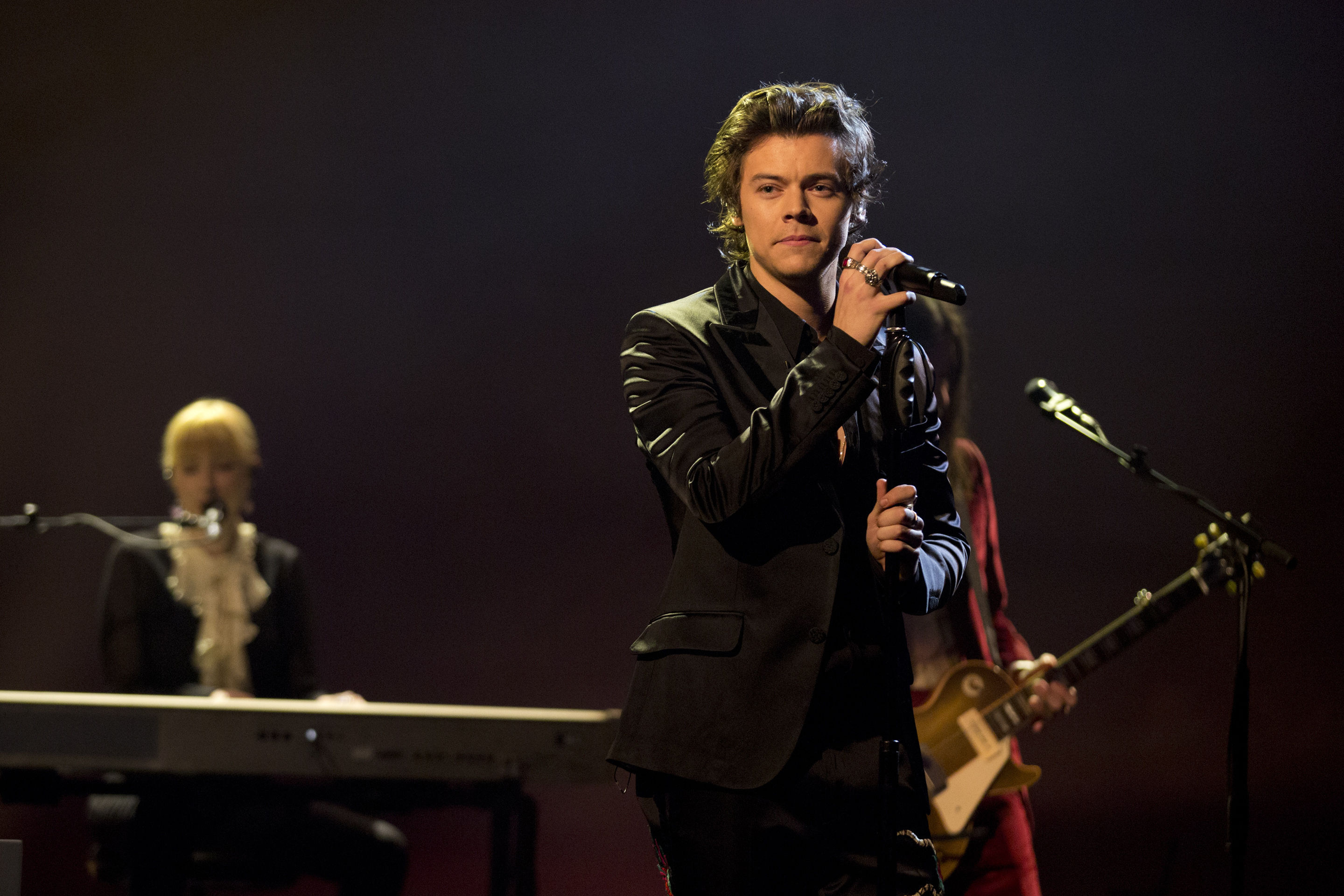 Harry Styles preforming during the filming of the Graham Norton Show at The London Studios, to be aired on BBC One on Friday.