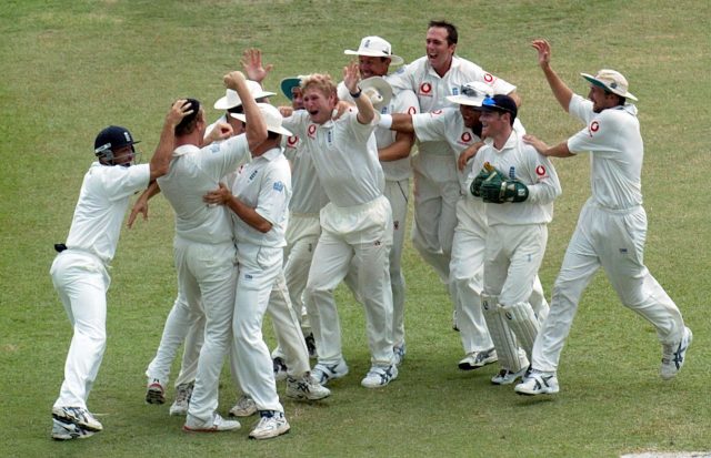 The whole England team celebrate the third wicket in a hat-trick by bowler Matthew Hoggard 