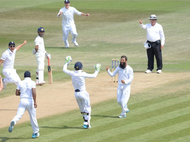 Moeen is congratulated by his team mates after taking his sixth wicket in an innings against India in 2014 (Empics)