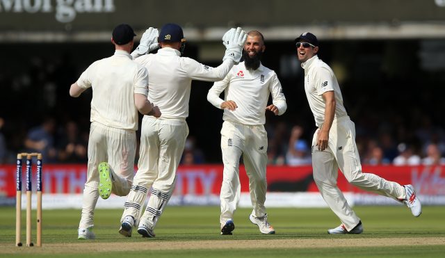 England's Moeen Ali celebrates the wicket of South Africa's Dean Elgar during day two of the First Investec Test match at Lord's, London.