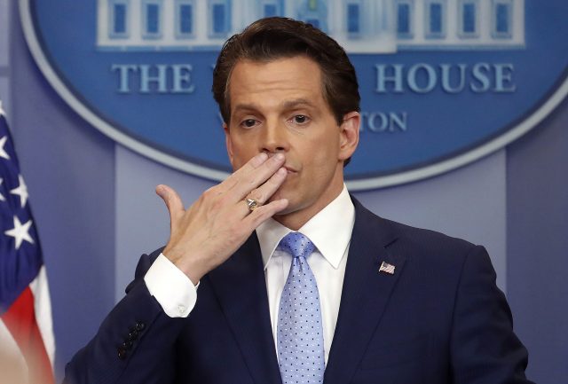 Anthony Scaramucci blowing a kiss after answering questions during a press briefing (Pablo Martinez Monsivais/AP)