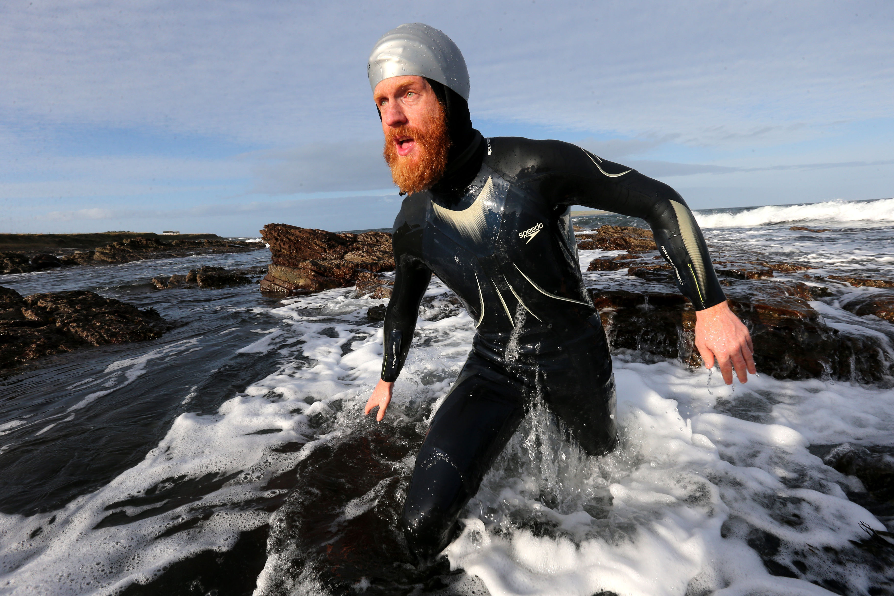 Charity swimmer Sean Conway arriving at John O'Groats