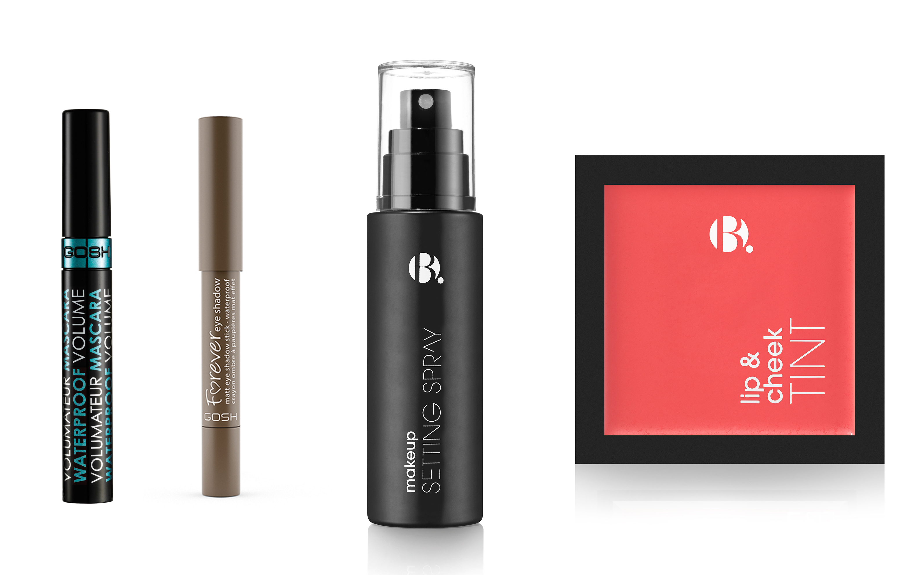 B. Lip & Cheek Tint, B. Makeup Setting Spray, GOSH Waterproof mascara, GOSH Forever eye shadow (Superdrug/PA)