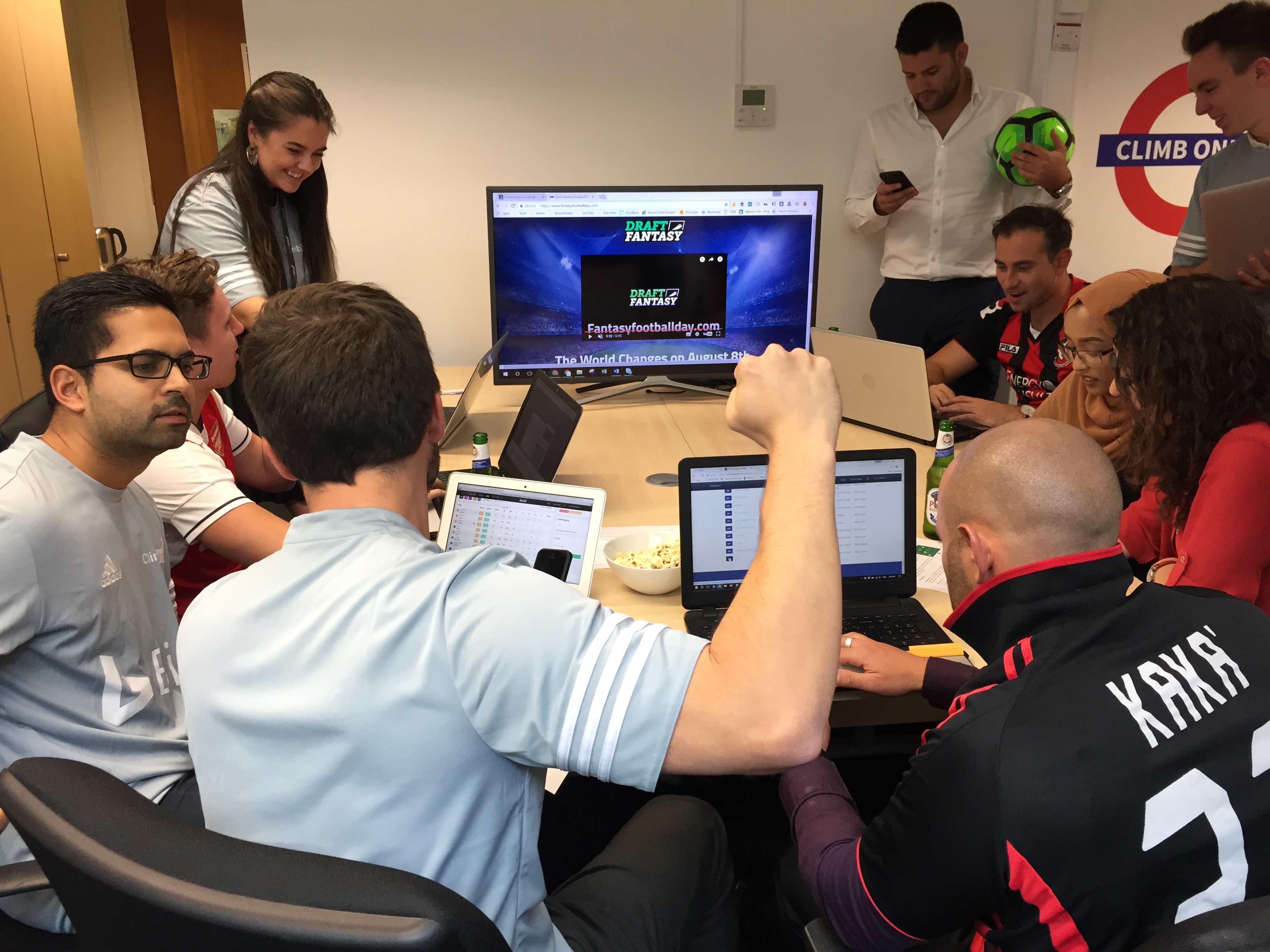 Apprentice winner Mark Wright and Climb Online employees enjoy time off on Fantasy Football Day to pick their teams for the season