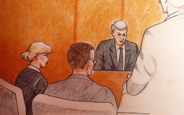 A courtroom sketch showing pop singer Taylor Swift, left, and a defence attorney looking on as former radio host David Mueller speaks during a civil trial in federal court (Jeff Kandyba via AP)