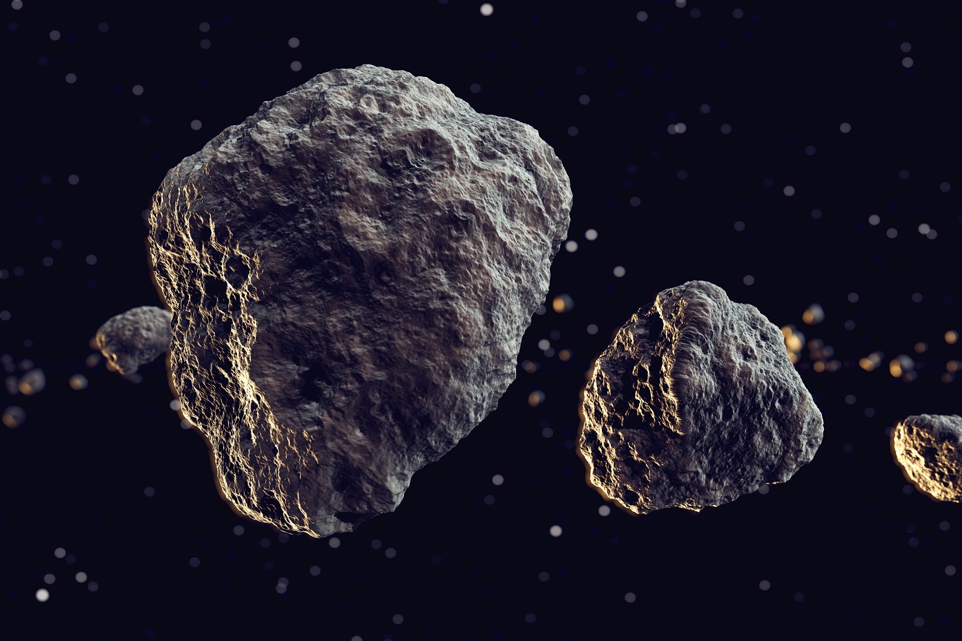 Closeup on meteor lumps in space. Dark background. Suitable for any fantasy, astronomy or space related purposes.