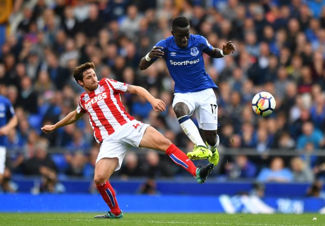 toke City's Joe Allen and Everton's Idrissa Gueye battle for the ball during the Premier League match at Goodison Park.