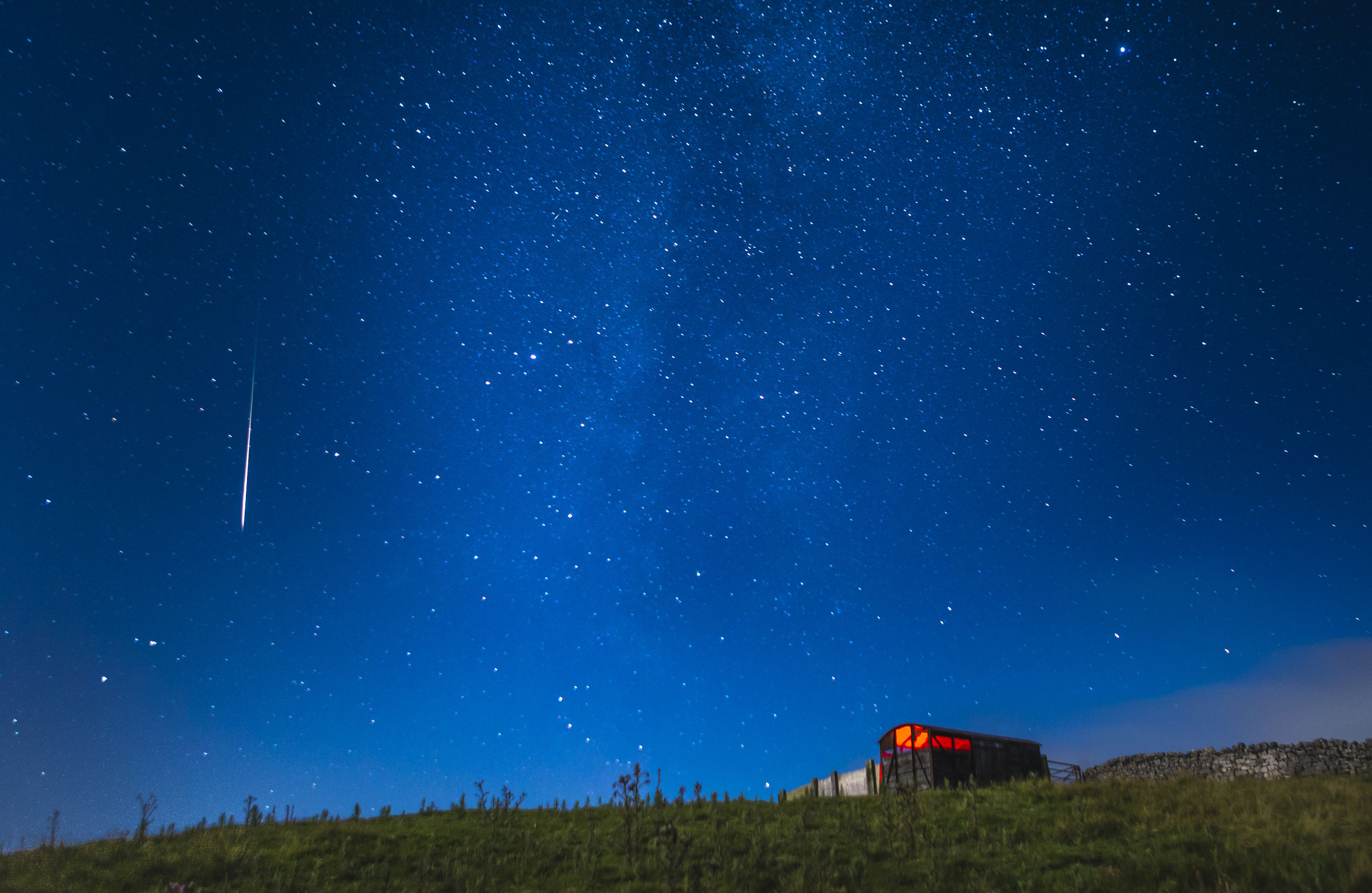 A meteor during the Perseid meteor shower seen from near Hawes in the Yorkshire Dales National Park