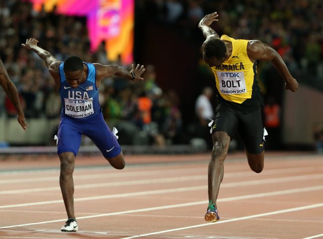 Christian Coleman dips ahead of Jamaica's Usain Bolt to take silver (Martin Ricketts/PA)