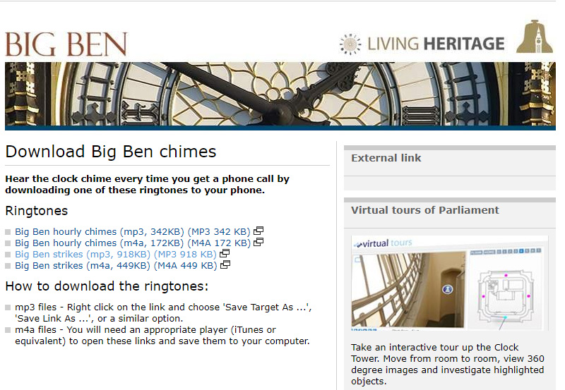 The Parliament.uk webpage on Big Ben where you can download the chimes and the bell strike. (Parliament.uk/PA)
