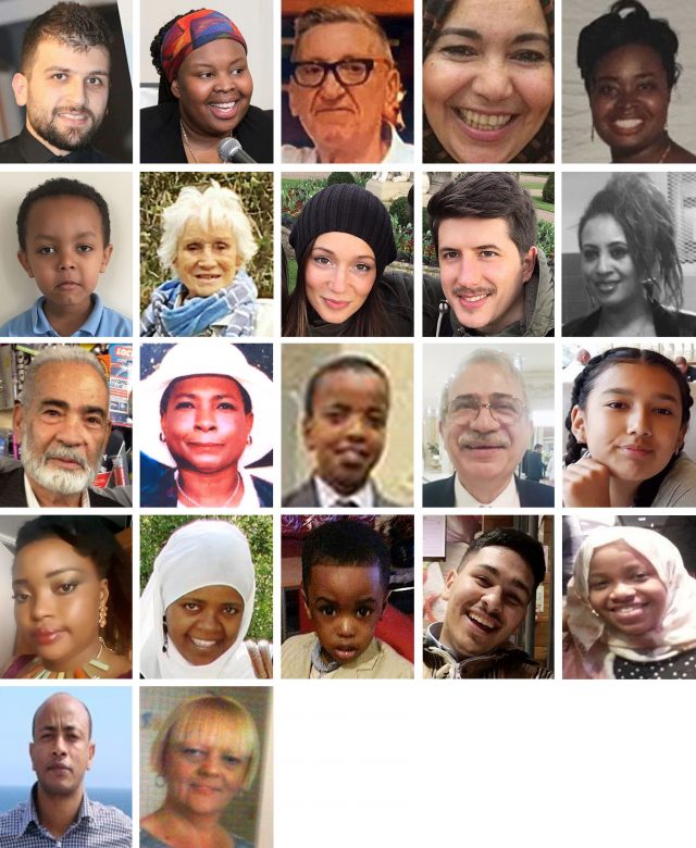 Twenty-two of the confirmed victims: (top row left to right) Mohammad Alhajali, Ya-Haddy Sisi Saye, also known as Khadija Saye, Anthony Disson, Khadija Khalloufi, Mary Mendy, (second row left to right) Isaac Paulos, Sheila, Gloria Trevisan, Marco Gottardi, Berkti Haftom, (third row left to right) Ali Jafari, Majorie Vital, Yahya Hashim, Hamid Kani, Jessica Urbano Ramirez, (fourth row left to right) Zainab Deen, Nura Jemal, Jeremiah Deen, Yasin El Wahab, Firdaws Hashim, (fifth row left to right) Hasim Kedir, Deborah Lamprell (Handouts/PA) 